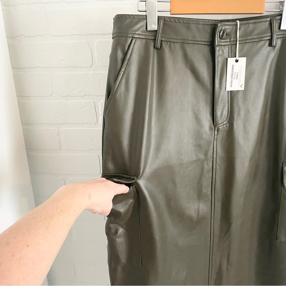 Y2K Vegan Leather Cargo Maxi Skirt Olive Khaki Utility Statement Sz L - Picture 3 of 16